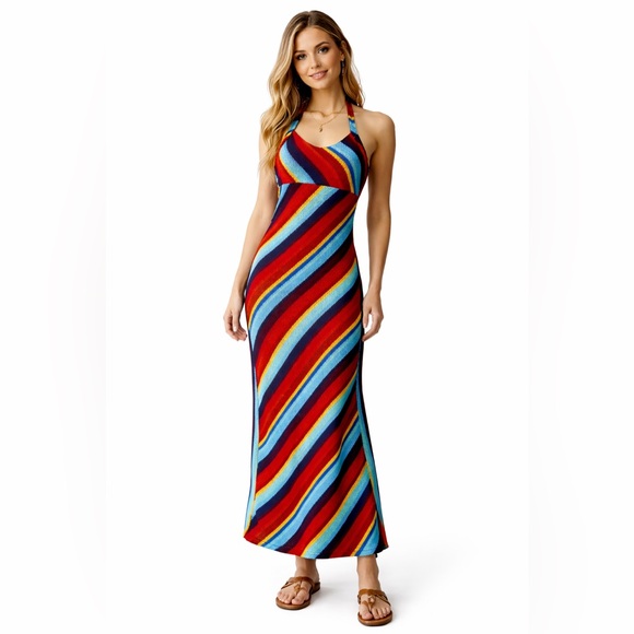 le chateau Dresses & Skirts - Vintage Le Chateau Y2K Rainbow Stripe Halter Maxi Dress Bodycon Boho XS S